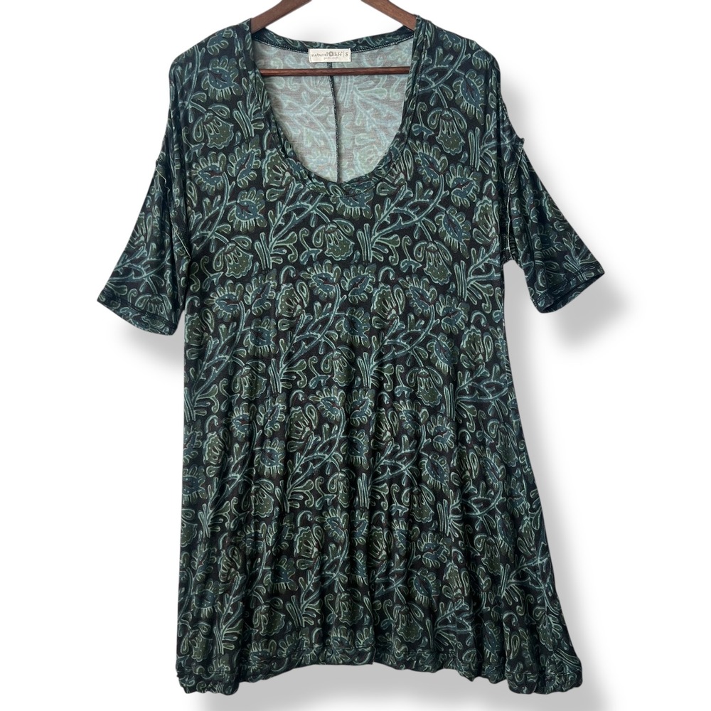 Natural Life Tunic Top Dress S Oversized Green Floral Boho Butter Soft Festival